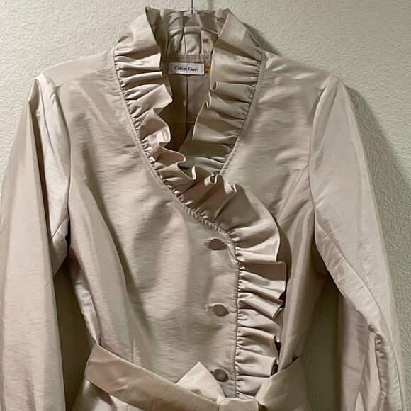 CALVIN KLEIN Dinner Jacket Long Sleeve Ruffle Button Down Texture Satin, Cream-M - Picture 5 of 9